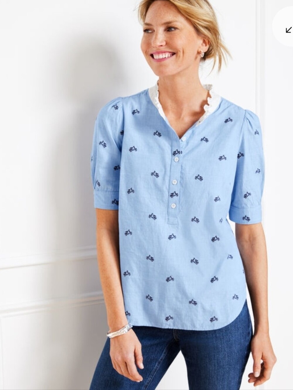 ❤️ TALBOTS RUFFLE NECK TOP / BLOUSE - EMBROIDERED VESPA, XL